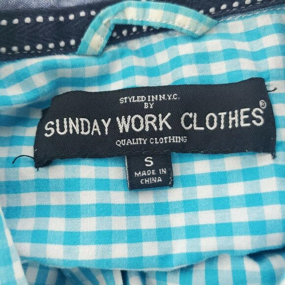 Sunday Work Clothes Button Front Shirt Mens Size Small Blue Gingham Flip Cuff - Picture 6 of 6
